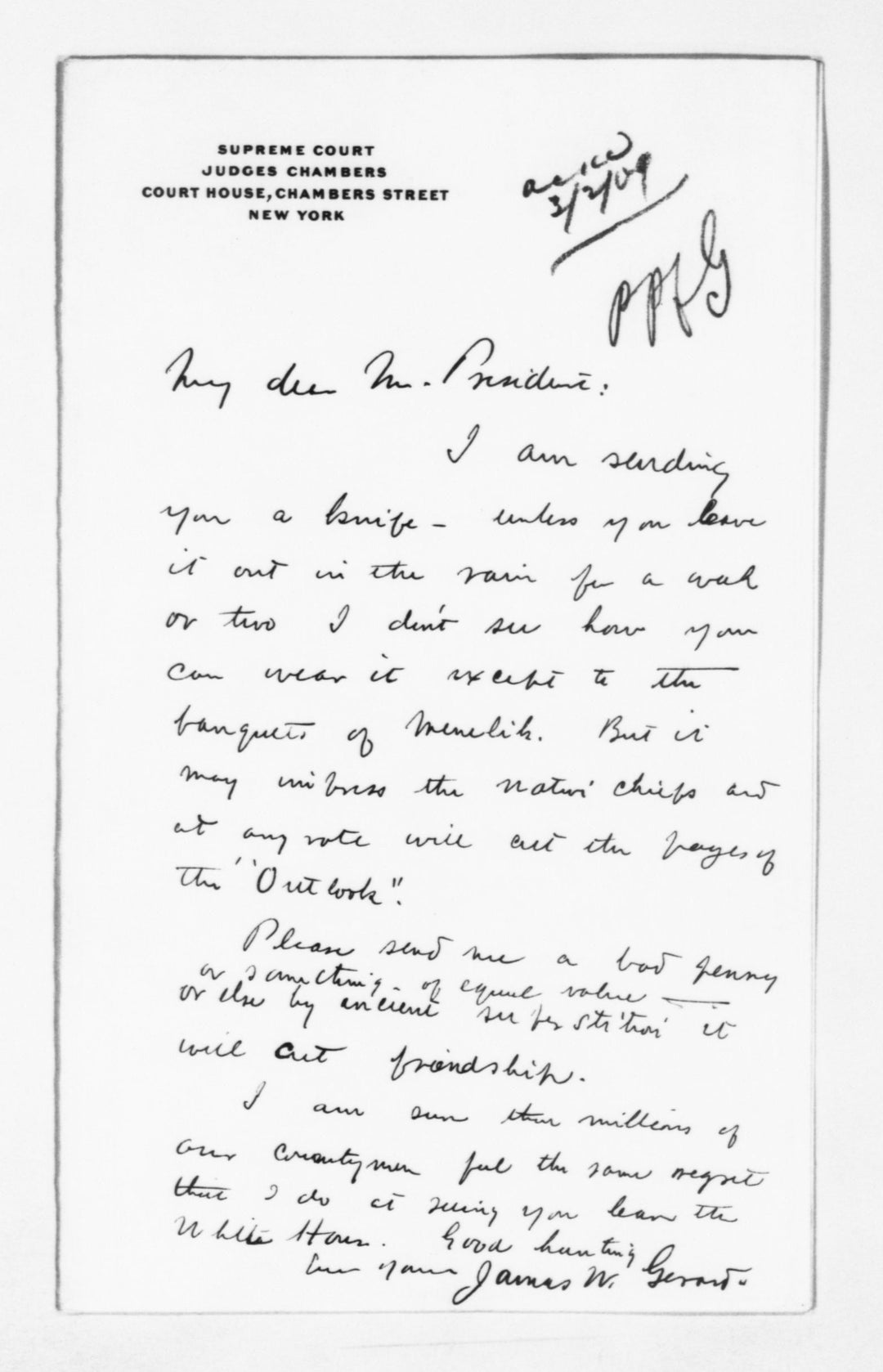 image of letter from james w gerard to theodore roosevelt