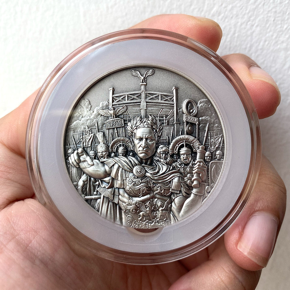 close up image of the julius caesar silver coin