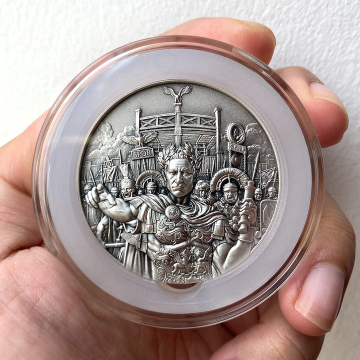 close up image of the julius caesar silver coin