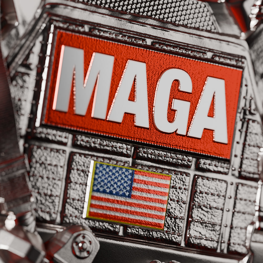 close up image of the maga bulletproof vest silver collectible detail
