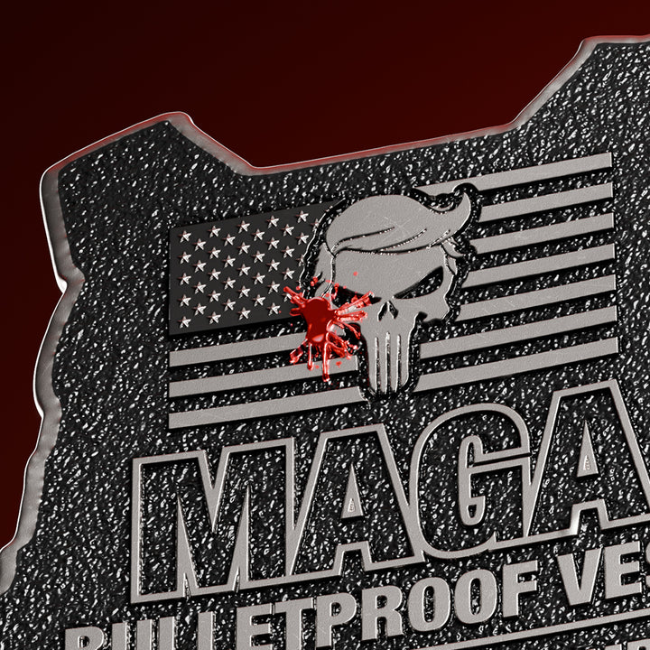 close up image of the maga bulletproof vest silver collectible detail