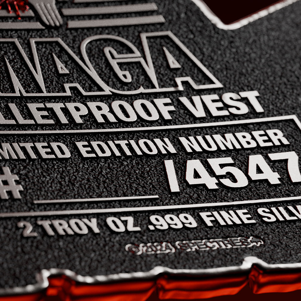 close up image of the maga bulletproof vest silver collectible detail