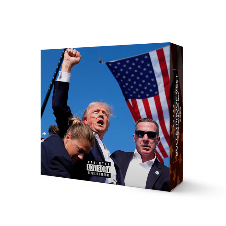 image of the maga bulletproof vest silver collectible packaging box featuring president donald trump