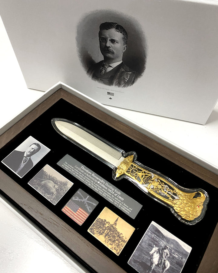 image of the theodore roosevelt hunting knife silver coin packaging box