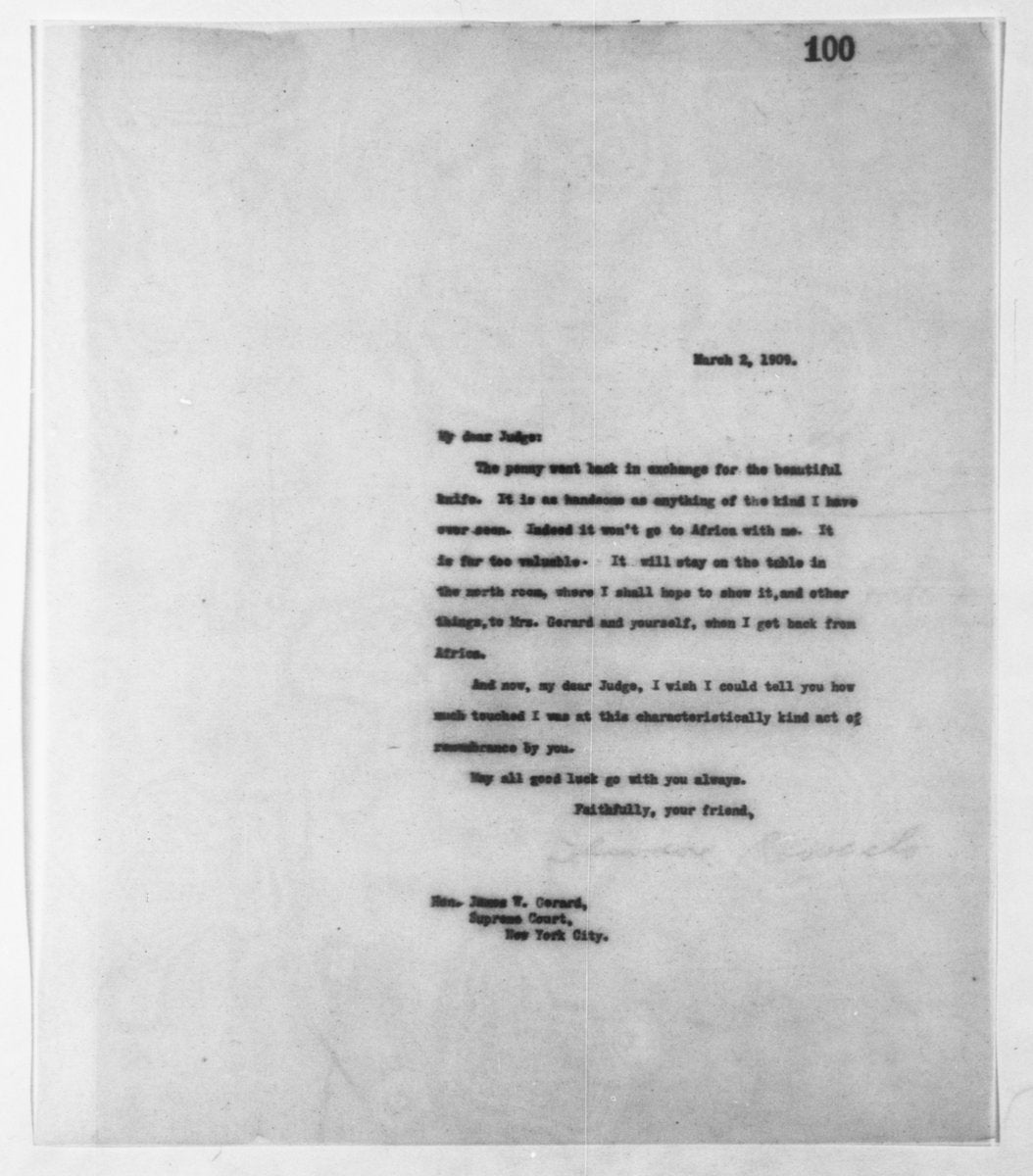 image of a letter from theodore roosevelt to james w gerard