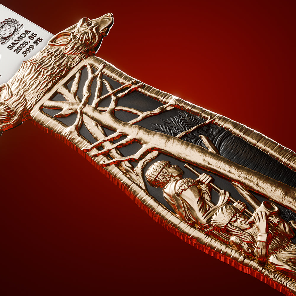 close up of the theodore roosevelt hunting knife silver coin details