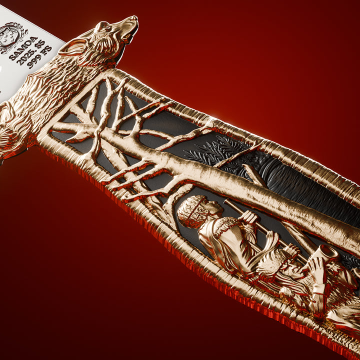 close up of the theodore roosevelt hunting knife silver coin details