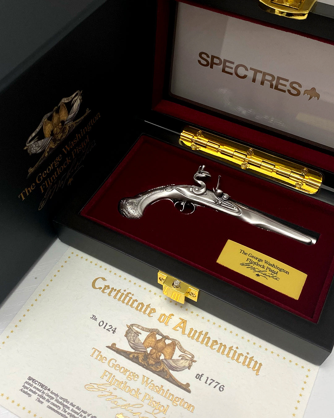 image of the george washington's flintlock pistol 2 oz pure silver coin packaging