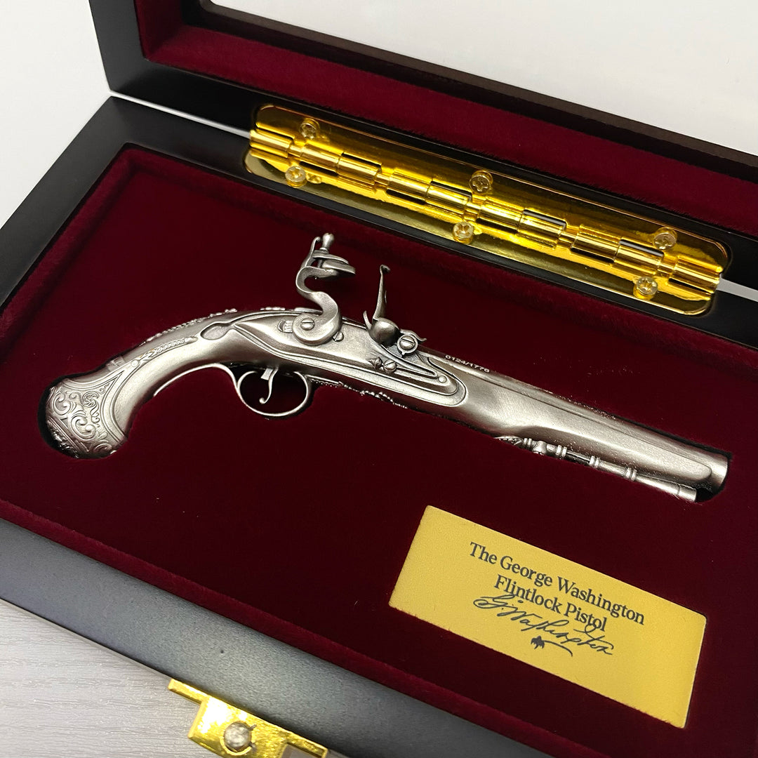 image of the george washington's flintlock pistol 2 oz pure silver coin packaging