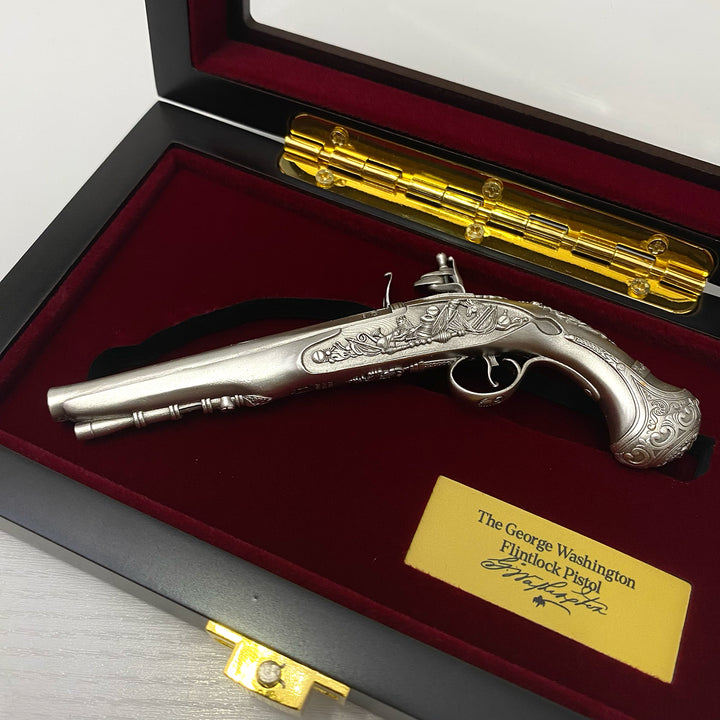 image of the george washington's flintlock pistol 2 oz pure silver coin packaging