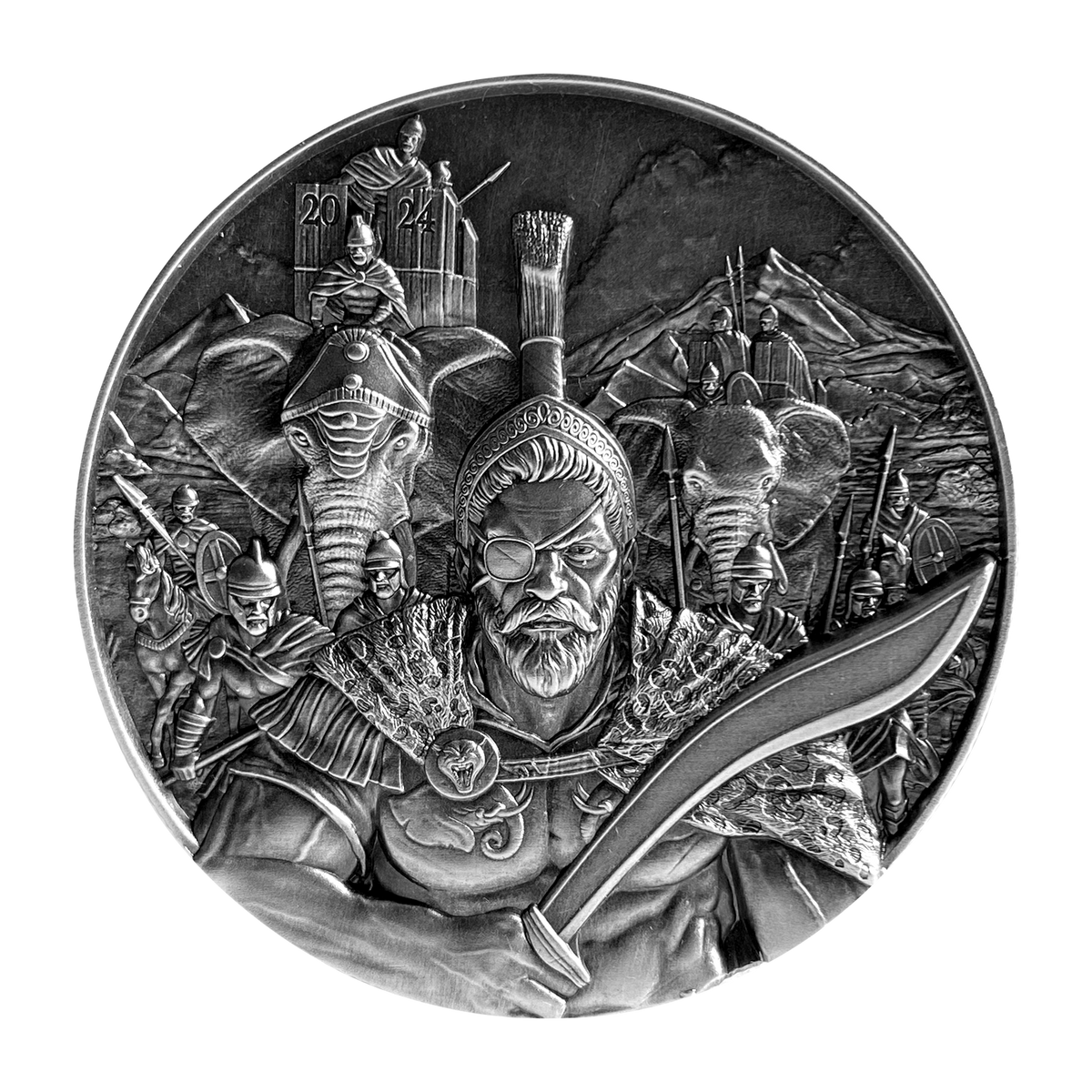 Pure silver coin with raised commander portrait and soldiers battle relief, 20 mark