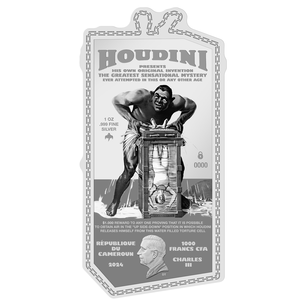Houdini's Water Torture Cell 1 oz Pure Silver Coin - 2024 Cameroon 1000 Francs CFA - Charles III