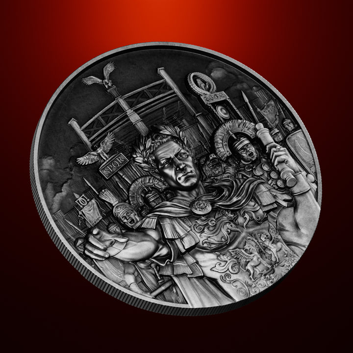 close up image of the julius caesar silver coin
