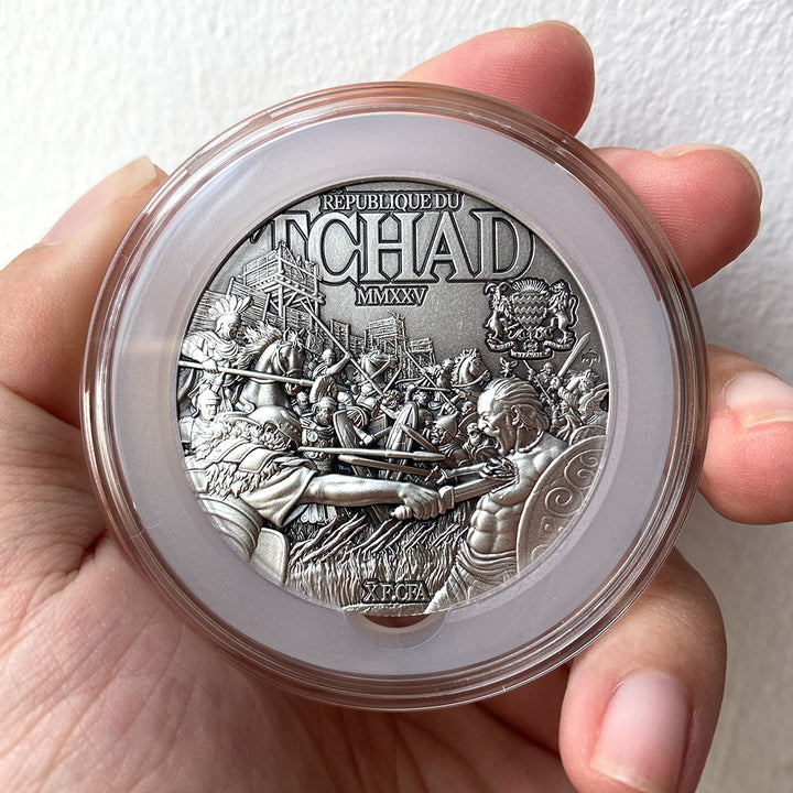 close up image of the julius caesar silver coin