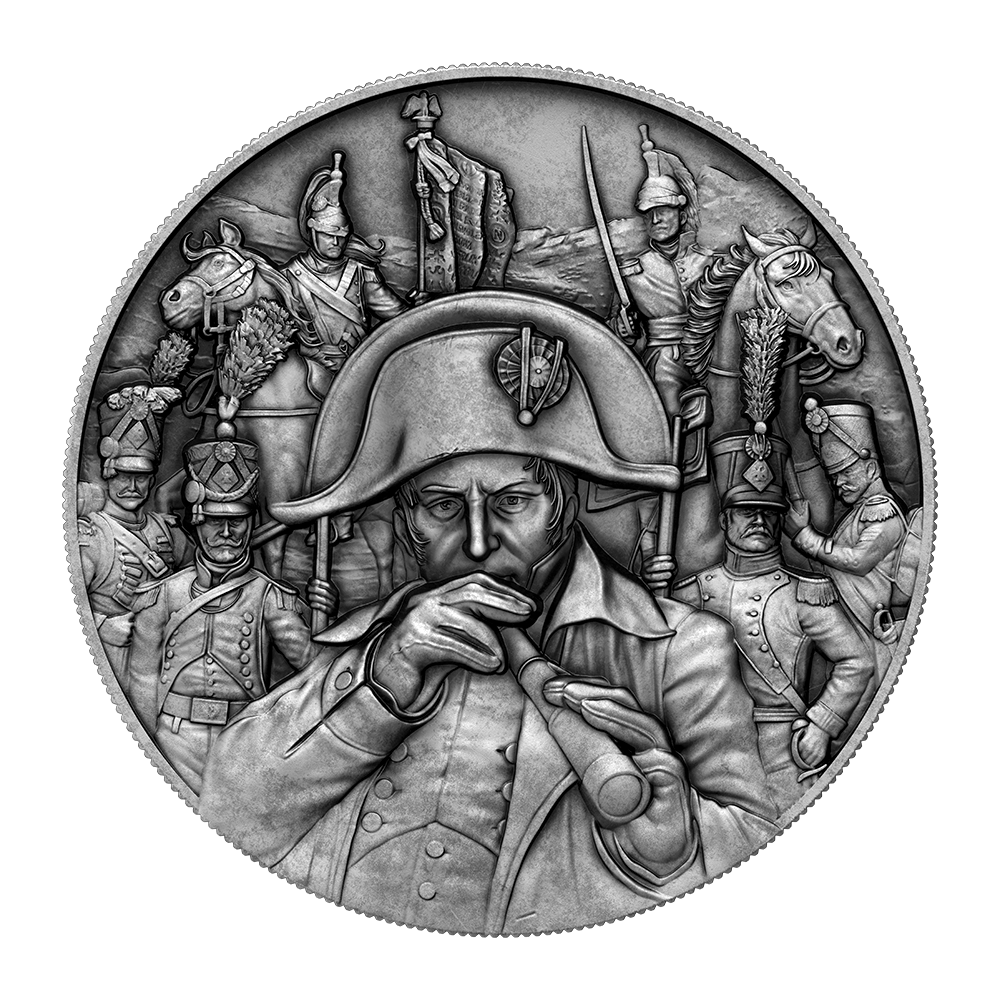 Round silver coin featuring a Napoleon portrait medallion with surrounding soldiers relief