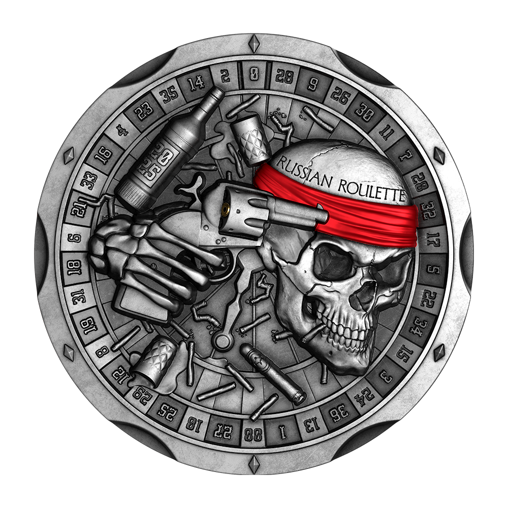 Russian Roulette themed silver coin with skull, pistol and roulette numbers, red ribbon