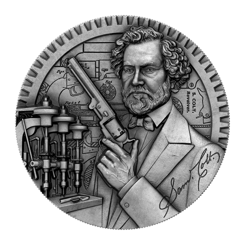 Pure silver coin front view with Samuel Colt portrait, rifle, and engraved apparatus