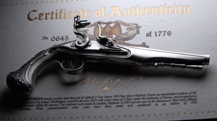 George Washington's Flintlock Pistol 2 oz Pure Silver Coin