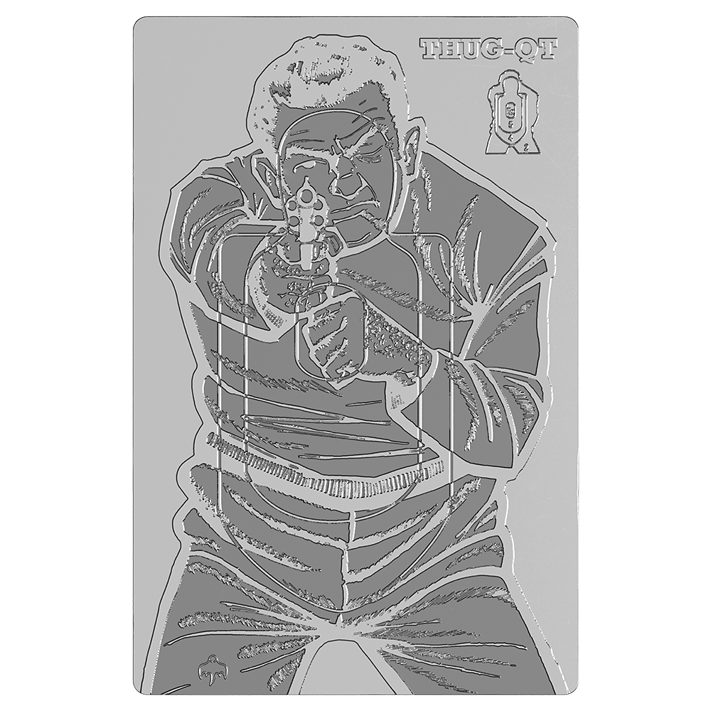 Pure silver coin in clear sleeve featuring a THUG-QT figure and raised firearm motif