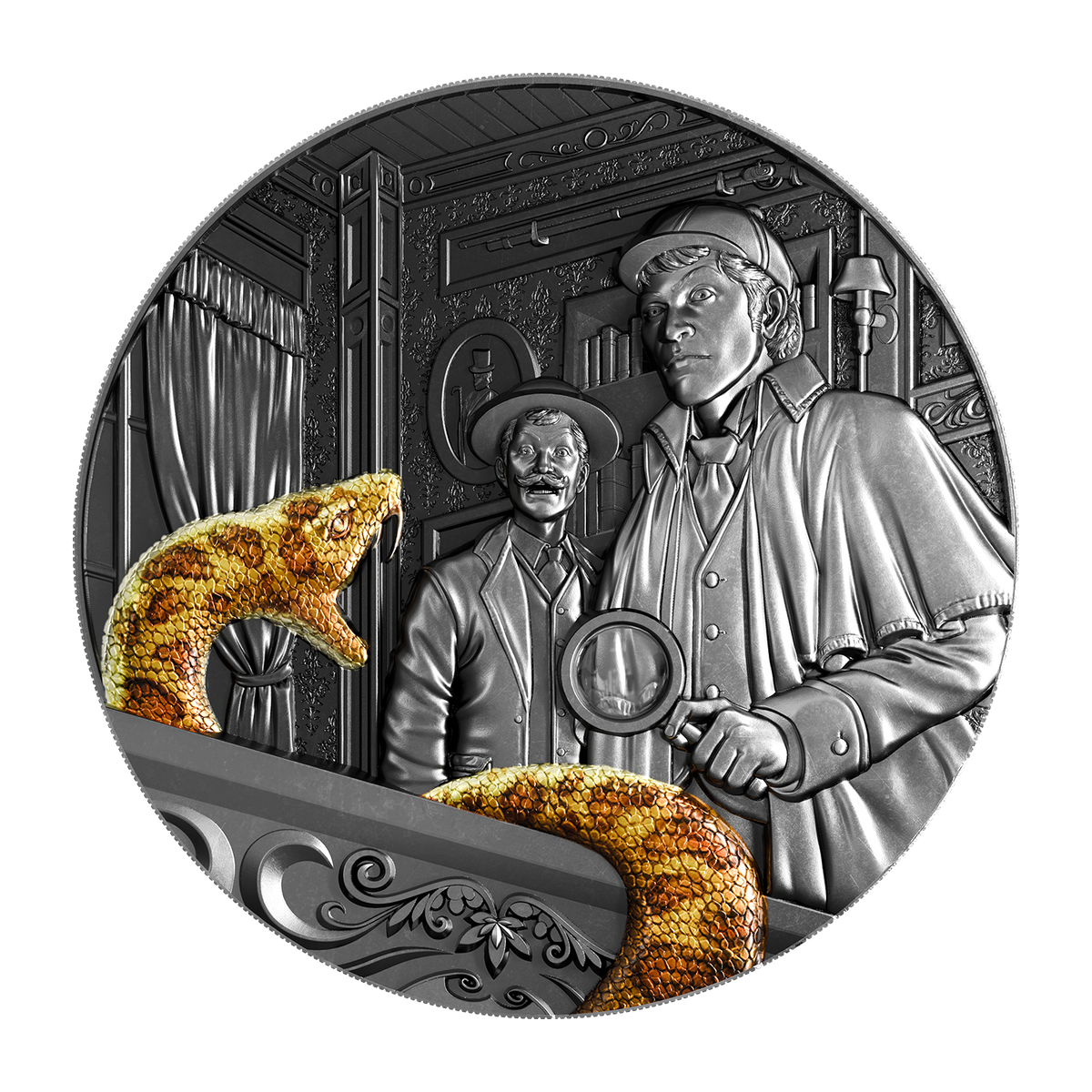 Round pure silver coin with engraved two men in doorway scene and gold textured figure