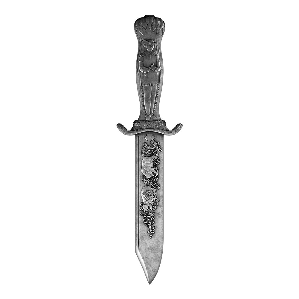 Engraved silver Bowie-style knife upright, showing handle scene and crossguard