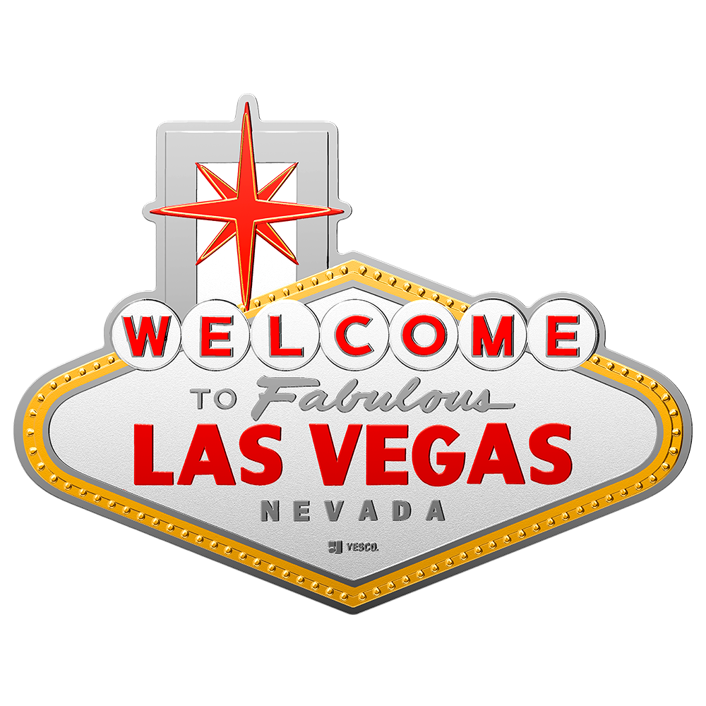 Silver coin charm with 'WELCOME' and 'LAS VEGAS' text, star emblem and gold trim