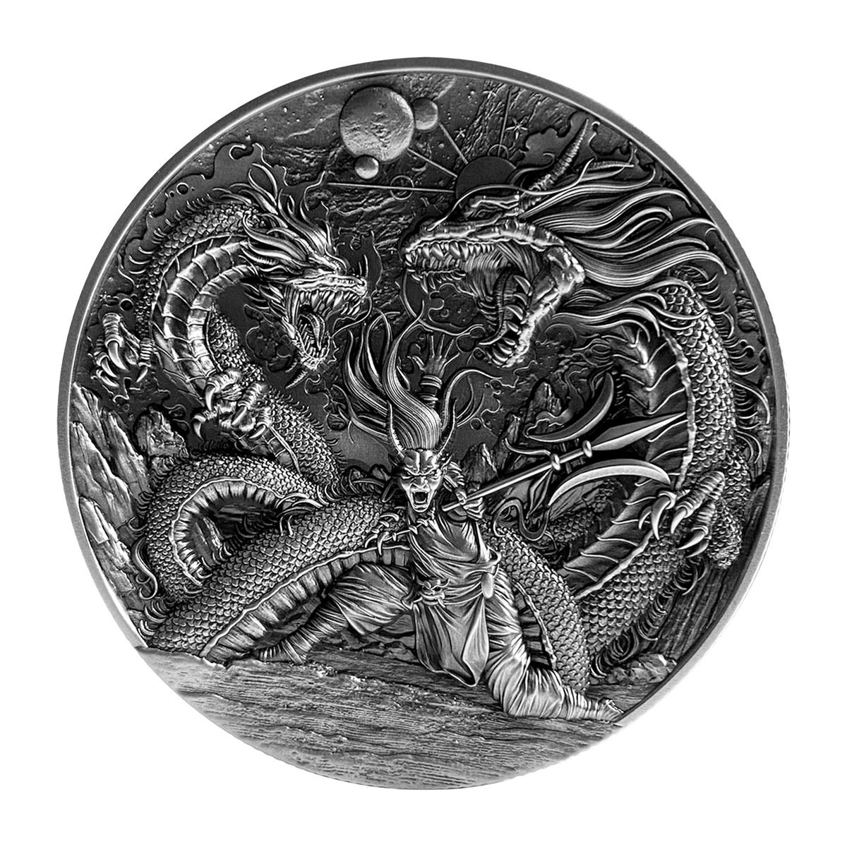 Pure silver coin with embossed dragon and warrior scene, round relief detail