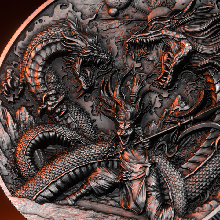 image of the zhu rong 2 oz silver coin details