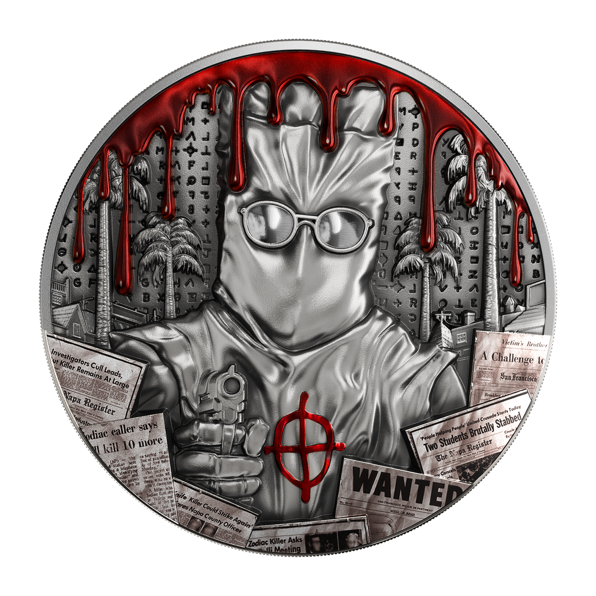 Round pure silver coin with gloved hand portrait and dripping red enamel details
