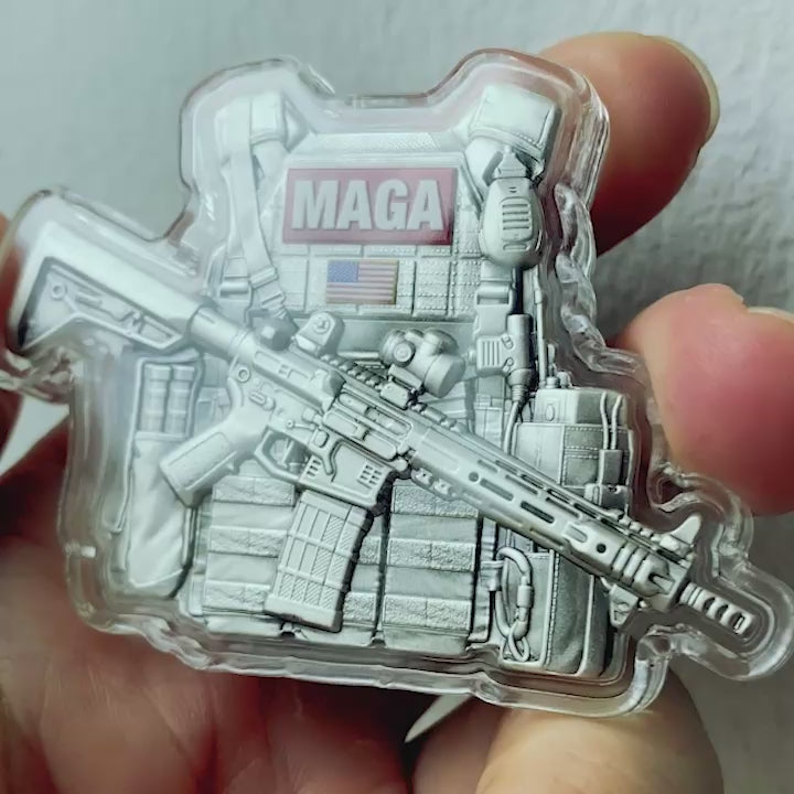 close up video of the maga bulletproof vest silver collectible