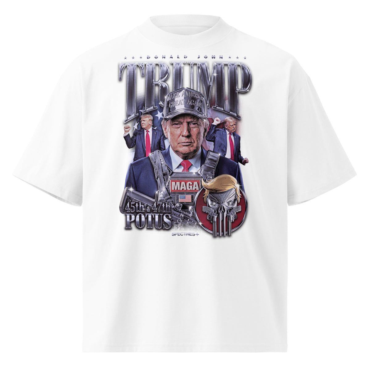 White oversized T-shirt with large front graphic print and crew neckline